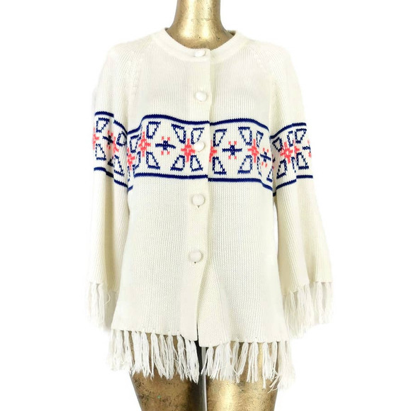 Vintage Sweaters - Vintage 1970's Fringed Flare Sleeve Poncho